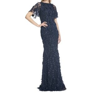 THEIA Flutter Sleeve Petal Applique Gown Midnight Blue Size 6 NWT $1295